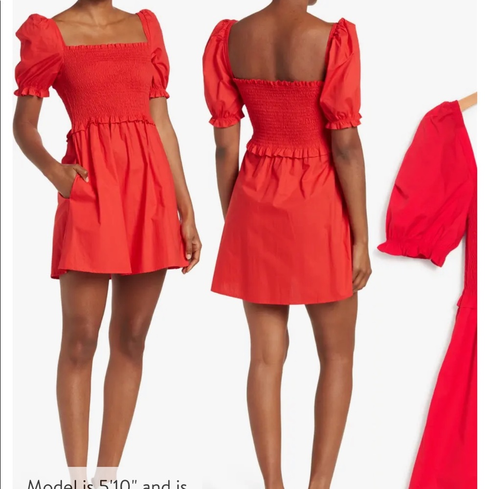French Connection Rhodes Short Sleeve Smocked Poplin Mini Dress in Red